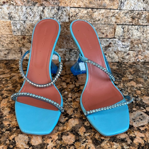 Amina Muaddi Gilda Glass Aqua Blue PVC Crystal Strap Mule Pumps - Picture 10 of 14